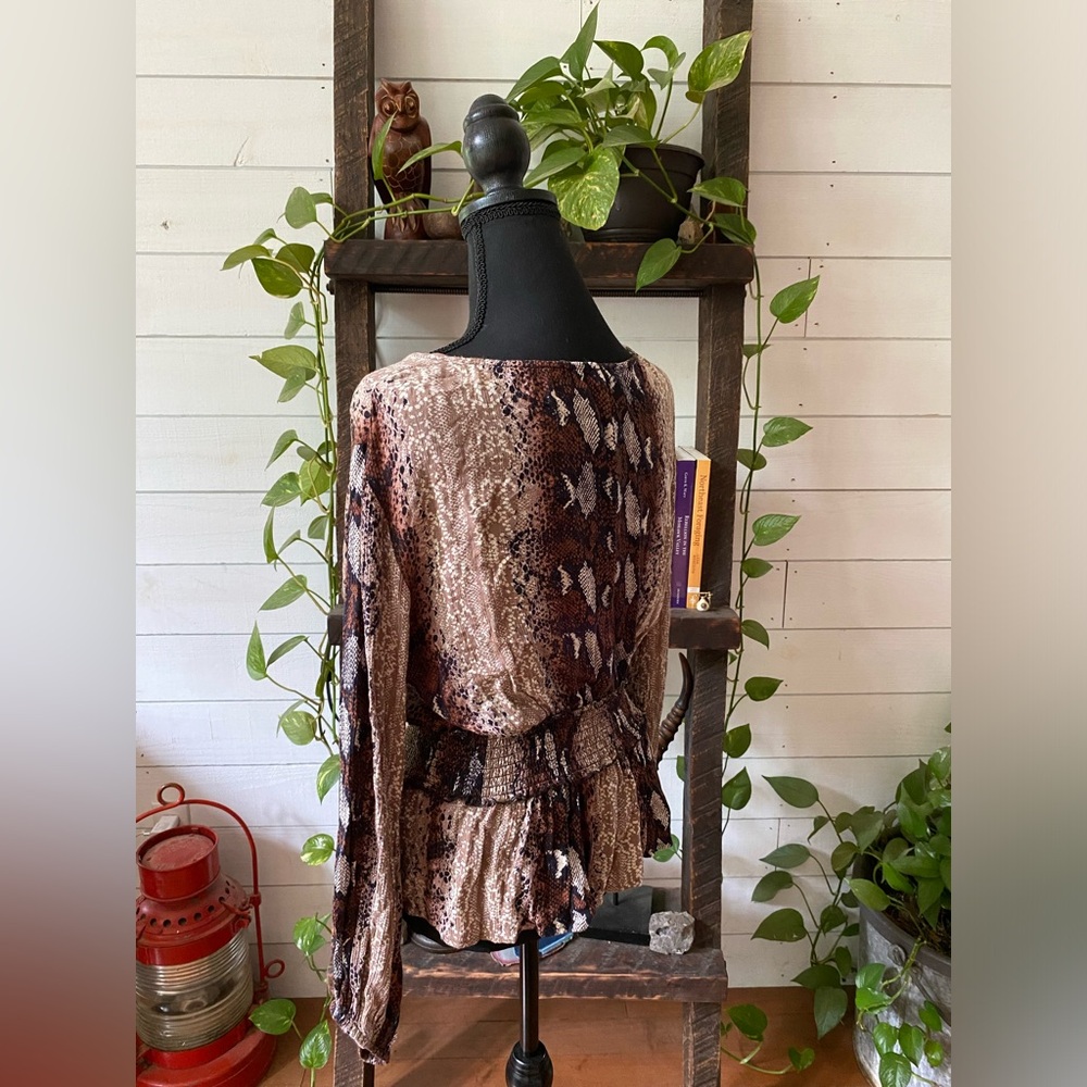 Angie: Brown, Black, Tan and White 100% Rayon Boho Snakeskin Blouse - Picture 17 of 17
